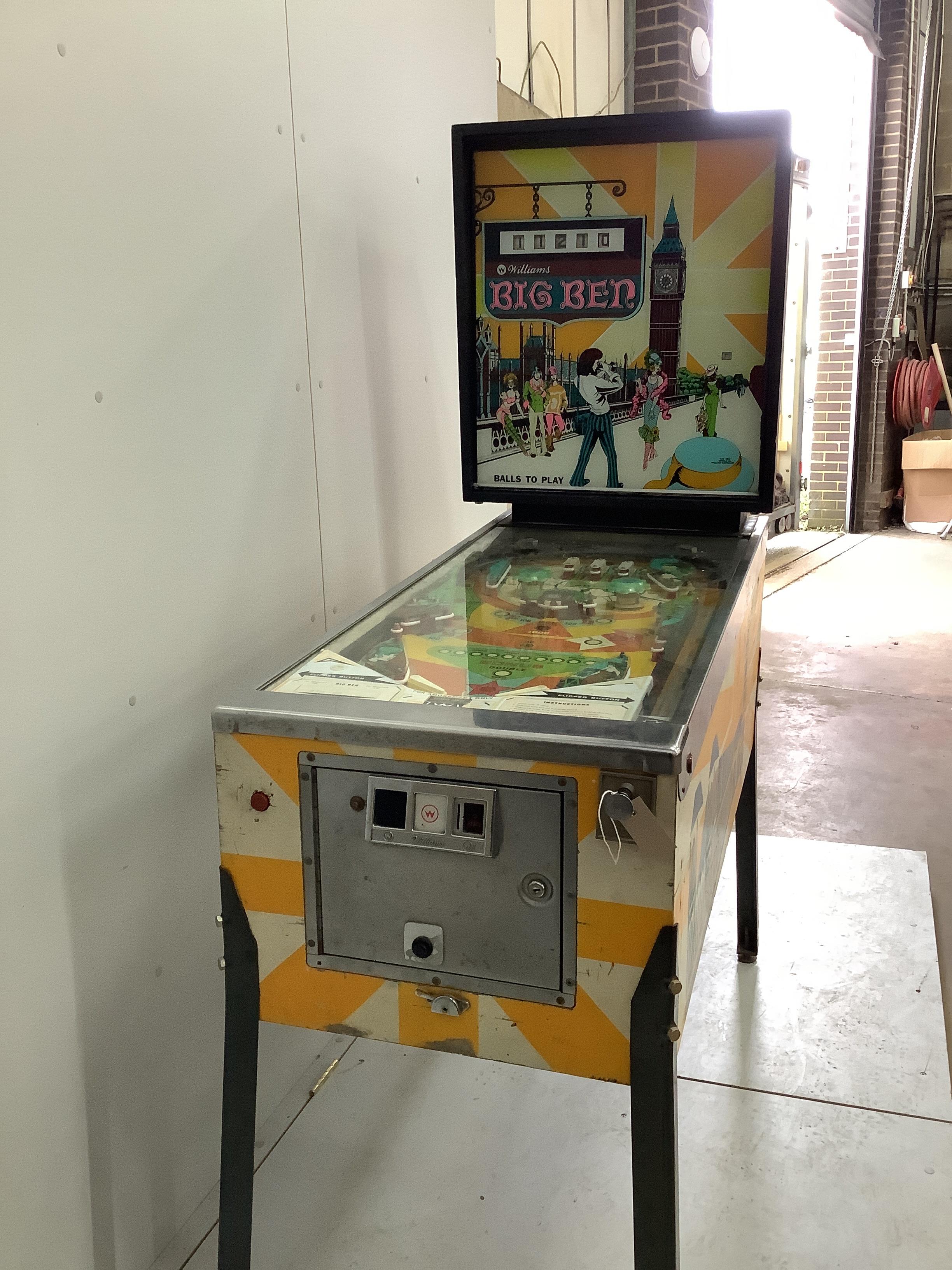 A mid century Williams Big Ben pinball machine, length 132cm, width 61cm, height 179cm